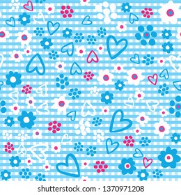Bright summer daisy flower gingham seamless pattern. Stylized retro floral all over print. Pretty 1950s blue pink feminine fashion style. Trendy scrapbook paper, wallpaper, pretty vintage backdrop.