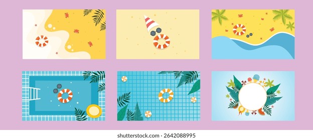 A bright summer design bundle featuring pools tropical trees sandy beaches and colorful inflatable elements