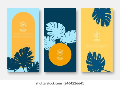 Bright summer design of covers, branded packaging, vouchers and promotions with monstera leaves. Vector background in yellow and blue tones in the theme of vacation, sea, travel.