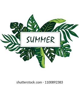 Bright summer design with tropical leaves and space for text. Exotic horizontal banner template. Vector illustration
