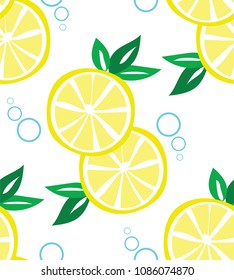 Bright Summer Design with tropical yellow lemons and green leaves. Seamless pattern on white background. Textile or paper design. Vector illustration eps10.