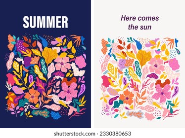 Bright summer design. Vector posters with flowers and leaves	