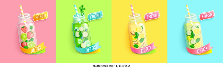 Bright summer Detox set. Healthy cocktails for hot season. Vector illustration for diet menu, cafe and restaurant. Fresh smoothies with lime, strawberry,lemon, ice, cucumber and other.