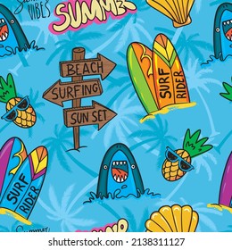 Bright summer doodle pattern with flamingo, sharks, pineapple, surfboard. Cool background for textile, kids wear, wrapping paper and more