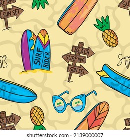 Bright summer doodle pattern with  pineapple, surfboard. Cool background for textile, kids wear, wrapping paper and more