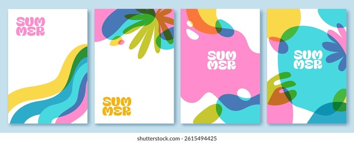 Bright summer exotic cards. Colorful plants, leaves, abstract forms. Design for card, banner, voucher, cover.