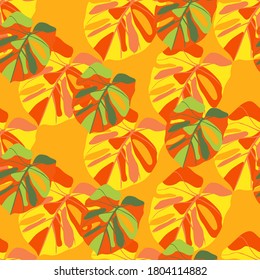Bright summer exotic seamless pattern with monstera leafs. Orange and green tropical foliage print. Great for wallpaper, textile, wrapping paper, fabric print. Vector illustration.