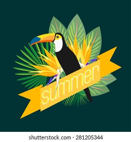 Bright summer exotic tropical background with toucans, ribbon, short summer, palm leaves, exotic flowers. Pink, orange, yellow, gold. Vector.