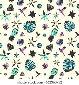 Bright summer fashion seamless pattern with tropical flora and birds on a light background in simple flat style. Vector illustration suitable for design clothing, accessories and fabrics