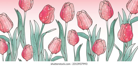 Bright summer floral background with pink tulips. Background for postcards, decor, covers, wallpapers, social media posts