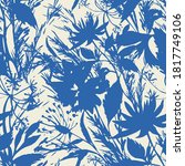 Bright summer floral background. Silhouettes of garden flowers in bloom mixed with herbs, leaves and meadow plants. Trendy modern style. Flat design. Good for fabric and textile, any coverage.