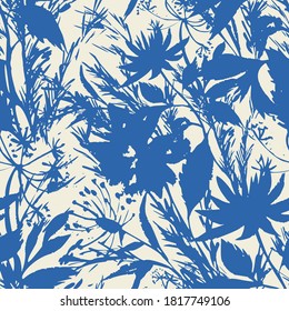 Bright summer floral background. Silhouettes of garden flowers in bloom mixed with herbs, leaves and meadow plants. Trendy modern style. Flat design. Good for fabric and textile, any coverage.