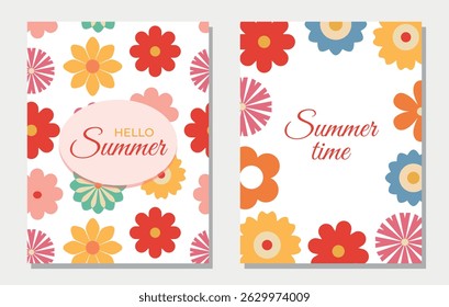 Bright summer floral cards with text. Retro groovy flowers, blossoms. Botanical modern frame, background, banner, flyer, birthday, mom's day greetings. Vector.