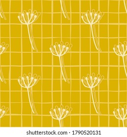 Bright summer floral seamless pattern with white outline dandelion figures. Yellow background with check. Great for wrapping paper, textile, fabric print and wallpaper. Vector illustration.
