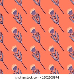 Brillante patrón floral sin costuras de verano con flores folclóricas. Impresión vintage en tonos azules con fondo naranja. Fondo decorativo para papel pintado, textil, envoltura, impresión de tela. Ilustración vectorial.