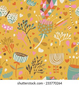 Helles Blumenmuster mit Blumen, Herzen und Schmetterlingen auf Vektorgrafik