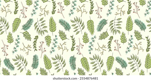 Bright summer floral seamless pattern with outline overlay doodle green leaves and herbs. Botanical hand drawn print for kitchen textile, wrapping paper, surface, wallpaper