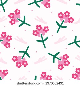 Bright summer flower bloom seamless pattern. Stylized retro floral all over print. Pretty 1950s Mint green pink feminine fashion style. Trendy scrapbook paper, wallpaper, garden stationery backdrop.