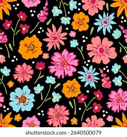 Bright summer flowers on a black background. Floral dark seamless pattern. For fabric prints, textile products.