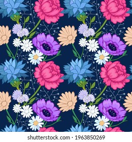 Bright summer flowers on a pattern for a seamless pattern. Stylized drawing in vector, boho style. Wealth and variety of plants.