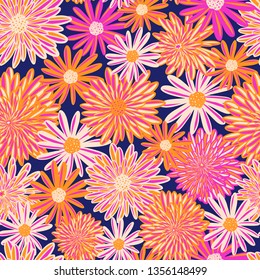 Bright Summer flowers seamless vector pattern. Pink orange white Daisy Dahlia Aster flowers on blue background. Contemporary seasonal floral repeat tile. Hand drawn spring summer art for fabric, decor