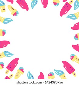 Bright summer frame with different ice-cream. Set of cute summer hand drawn labels, logos, tags and elements for holiday, travel, beach vacation
