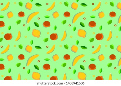 
Bright summer fruit pattern. oranges lemons bananas on a bright green background. baby cloth. postcard design.