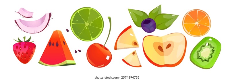 Bright summer fruit slices - fresh watermelon, ripe strawberry, juicy citrus, sweet cherry, yellow apple, purple blueberry and green kiwi pieces for seasonal menu design or organic food illustration.