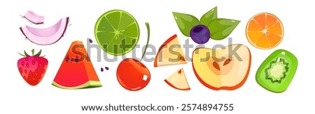 Bright summer fruit slices - fresh watermelon, ripe strawberry, juicy citrus, sweet cherry, yellow apple, purple blueberry and green kiwi pieces for seasonal menu design or organic food illustration.