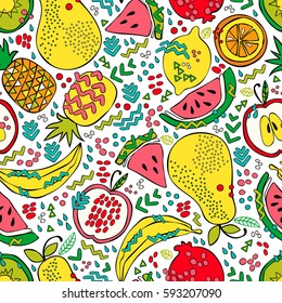 Bright summer fruit: watermelon, kiwi, apple, pear, orange, lemon, pomegranate, pineapple, banana. Seamless vector pattern (background). Fruit print.