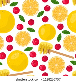 Bright summer fruits seamless illustration with orange, honey, cranberries. Cute vector background. Pattern for fabric, textile, postcards, decoration, design, poster, card, packaging, party