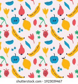 Bright summer fruits seamless vector pattern. Lemon, cherry, apple, banana, strawberry, berries, flowers vector illustration.