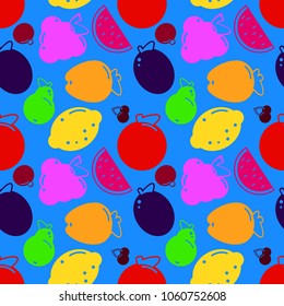Bright summer fruits watermelon, apple, pear, orange, lemon, pomegranate Seamless vector pattern background Fruit print EPS