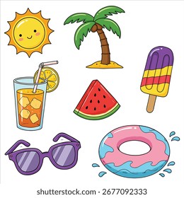 Bright summer fun icons featuring sun palm tree and treats

