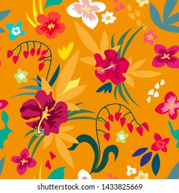 Bright summer garden. Stylized digital painting. Seamless vector pattern with blooming summer wildflowers. Retro textile collection. On yellow background.