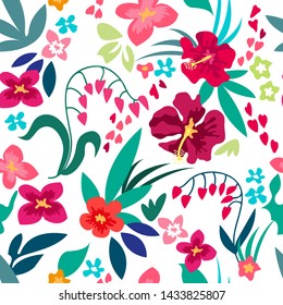Bright summer garden. Stylized digital painting. Seamless vector pattern with blooming summer wildflowers. Retro textile collection. On white background.