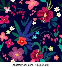 Bright summer garden. Stylized digital painting. Seamless vector pattern with blooming summer wildflowers. Retro textile collection. On black background.