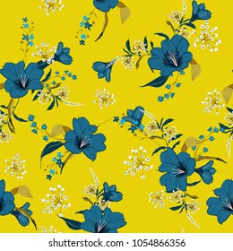 Bright summer garden Trendy floral pattern in the many kind of flowers. Botanical . Seamless vector texture for fashion prints. Printing with in hand drawn style on stylish yellow background.