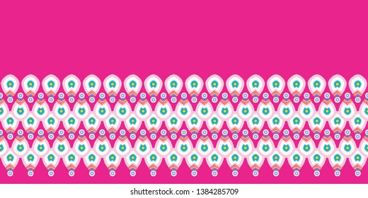 Bright summer geo drop stripe seamless vector border pattern. Stylized geometric floral ribbon trim. Pretty 1950s retro feminine fashion style. Trendy scrapbook banner edge fresh bohemian backdrop