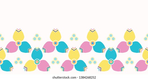 Bright summer geo flower bloom seamless vector border pattern. Stylized geometric floral masking tape trim. Pretty 1950s retro feminine fashion style. Trendy scrapbook ribbon, fresh garden backdrop