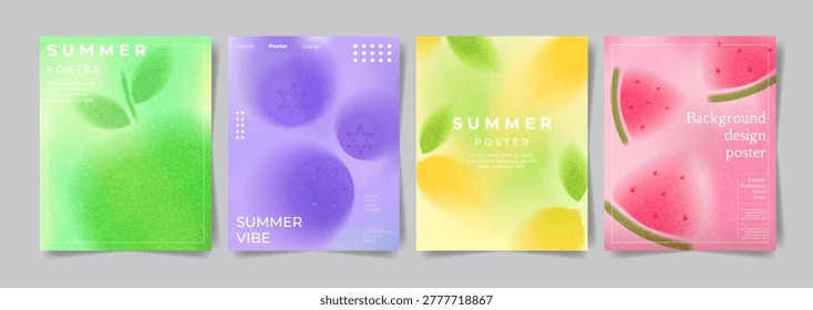 Bright Summer Gradient posters with Blur Fruits and Texture. Abstract Vector Flyers with Colourful Gradation and Blurred Summer Fruit Berries. Collection Grainy Backgrounds for Summer events ads branding cover sale.