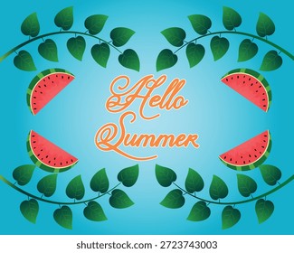 Fondo de saludo de verano brillante con rodajas de sandía decorativas, hojas verdes y texto "Hola verano" sobre un fondo azul degradado. Perfecto para diseños de temporada.