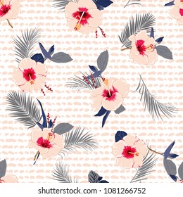 Bright summer Hawaii print vector seamless beautiful  tropical pattern with exotic forest.Colorful original stylish floral hibiscus mix with leaves  background , on texture pink