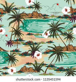 Bright summer hawaii  seamless island pattern vector. Landscape with palm trees,beach and ocean vector hand drawn style on light blue color background.