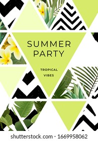 Bright summer hawaiian design with tropical plants, palm leaves and geometric hand darwn textures. Vector template for party flyer, banner, card or invitation.