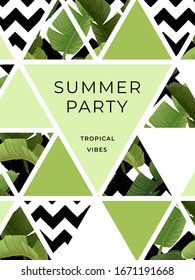 Bright summer hawaiian design with tropical plants, palm leaves and geometric hand darwn textures. Vector template for party flyer, banner, card or invitation.