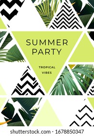 Bright summer hawaiian design with tropical plants, palm leaves and geometric hand darwn textures. Vector template for party flyer, banner or invitation.