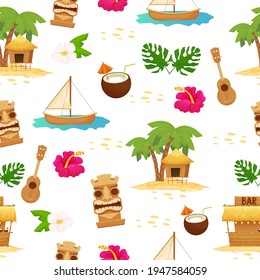Bright summer hawaiian seamless pattern. Exotic, holiday elements, vacantion objects. Editable fabric, trendy. Tiki mask and torch, palm and exotic flower.