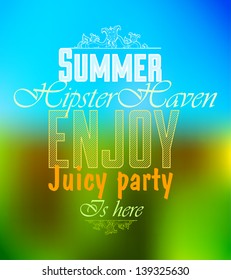 Bright summer hipster label text, discounts, advertising, on an abstract, colorful background.
