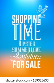 Bright summer hipster label text, discounts, advertising, on an abstract, colorful background.